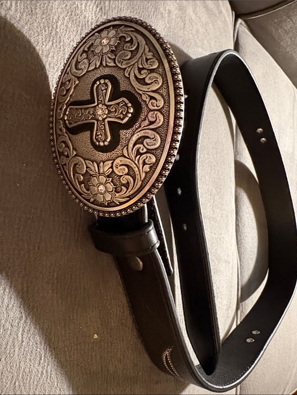 Ariat Black Leather Belt with Ornate Silver-Tone Cross Buckle